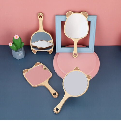 Beauty salon special makeup mirror female handle high-definition embroidered handheld handle mirror portable wooden small mirror