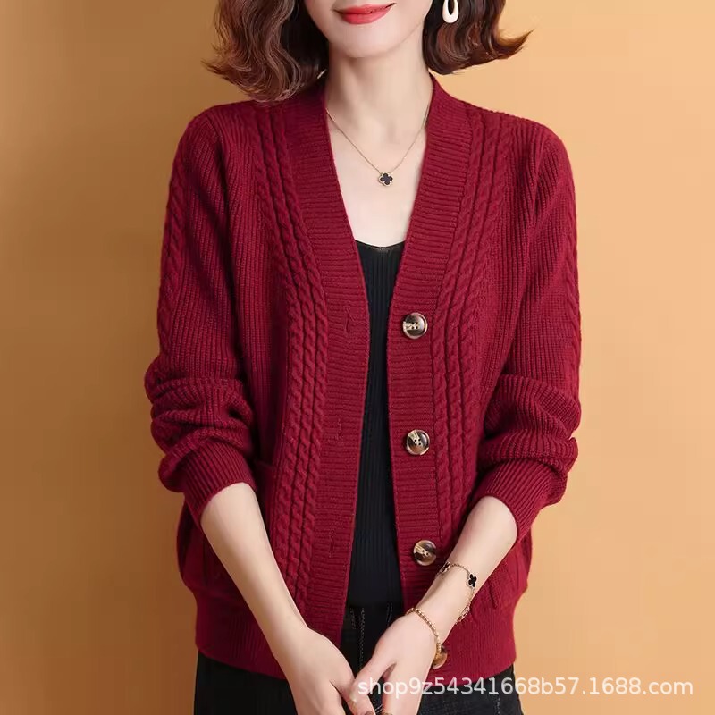 Women's Autumn and Winter Outerwear High-End Versatile Fashion Temperament Pocket Cable Knit Cardigan Cross-Border Popular Style