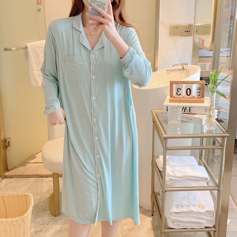 New Summer Pregnant Women's Nightdress Cardigan Simple Comfortable Long Sleeve Loose Lapel Modal Postpartum Breastfeeding Clothes