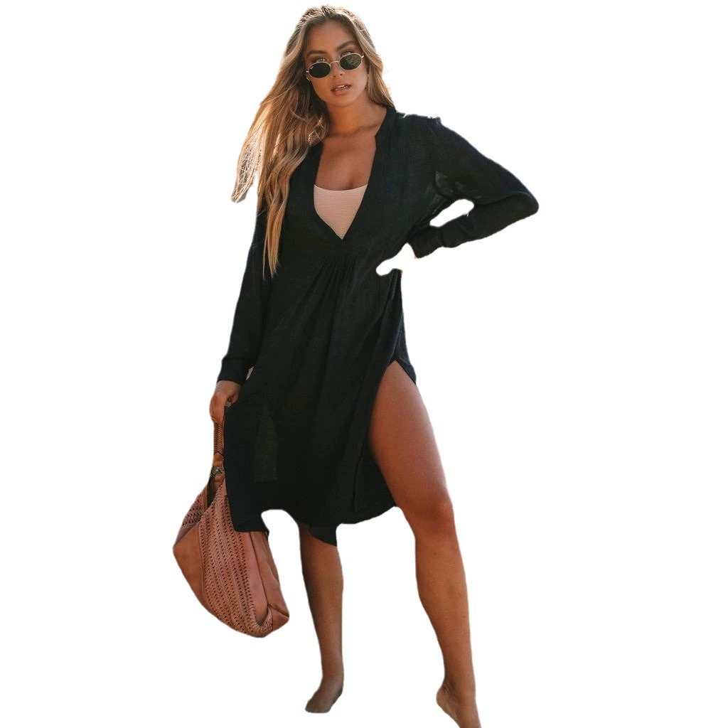 Beach shirt, long-sleeve, long skirt, swimwear, European style, loose fit, sun protection