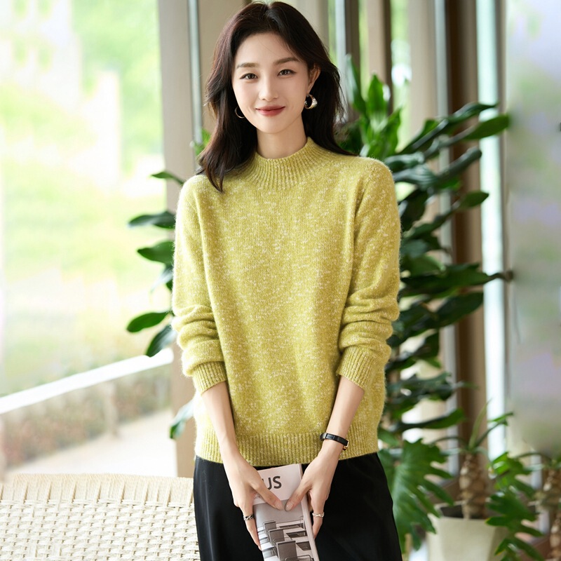 Autumn and Winter New Style Fine Wool Half-Turtleneck Knit Sweater Long-Sleeve Women's Floral Yarn Pullover Loose Base Shirt Wholesale