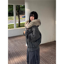 美式街头大毛领羽绒棉服女连帽冬季新款加厚保暖小个子棉袄外套潮