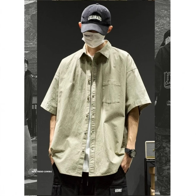 Pure Cotton Short-Sleeve Shirt for Men 2025 New Japanese Style Simple Embroidered Turn-Down Collar Half-Sleeve Shirt Stylish Workwear Jacket Trendy