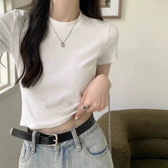 纯棉t恤女夏季短款短袖高腰辣妹修身显瘦纯色正肩短袖上衣打底衫