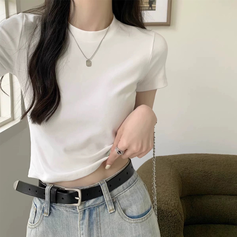 Pure Cotton T-Shirt Women's Summer Short-Sleeved High-Waist Sexy Slim-Fitting Pure Color Right-Shoulder Short-Sleeved Top Bottoming Shirt