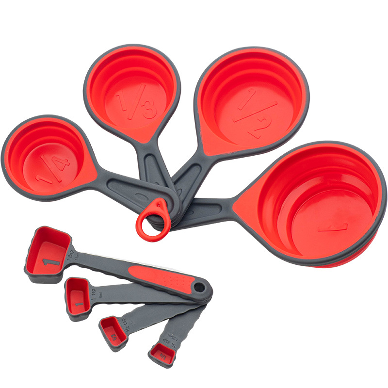 塑料可收納量杯量勺套裝8件套 折疊量杯4件套帶刻度組合 烘培用具