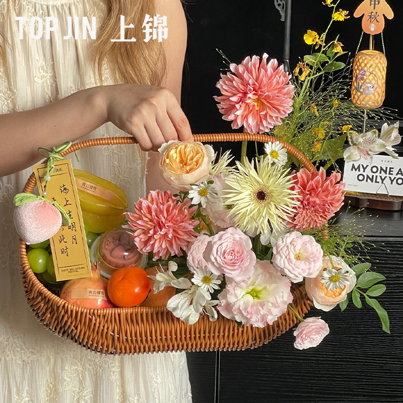 上锦 中秋节法式花果篮仿藤编织花篮diy鲜花束水果篮节日礼品篮|undefined