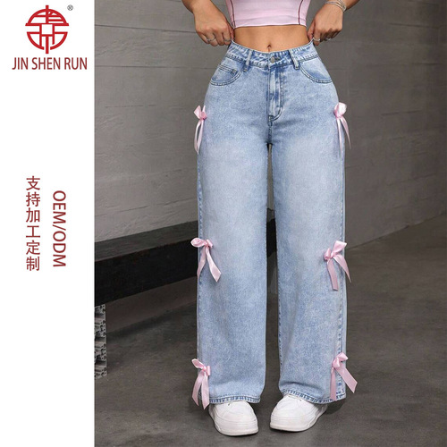 Cross-border Amazon Y2K street style hot girl bow tie washed jeans loose straight leg wide-leg pants JEANS