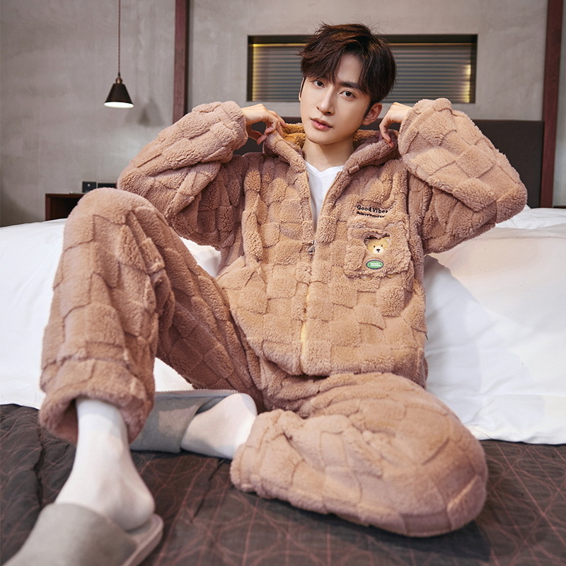 Pijamas Otoño e Invierno de los hombres de lana de coral forrado de lana gruesa caliente con capucha franela suelta más tamaño homewear traje