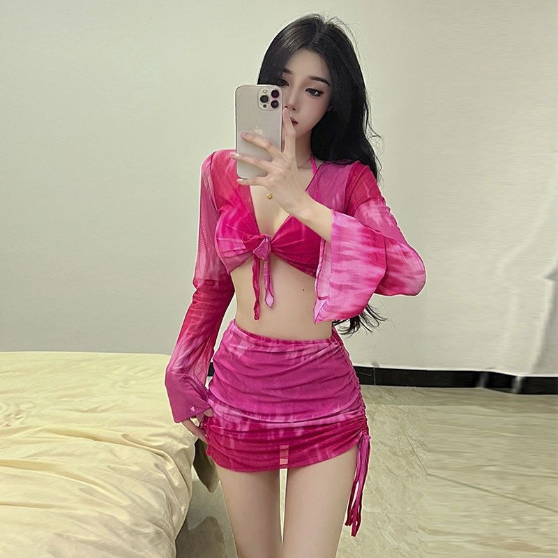 2025 nuevo traje de baño de mujer tie-dye puro deseo bikini dividido de cuatro piezas de manga larga protector solar traje de baño de alta calidad