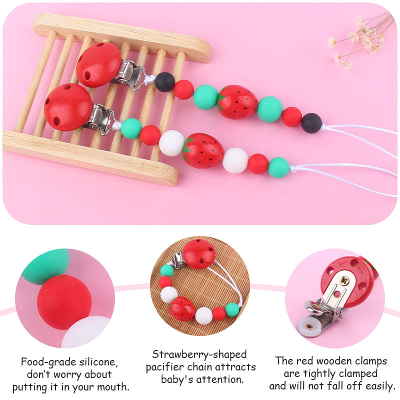 Nuevo bebé suministros de dibujos animados fresa mordedor creativo bebé cuentas de silicona mordida molar Cadena de pezón cadena anti-caída