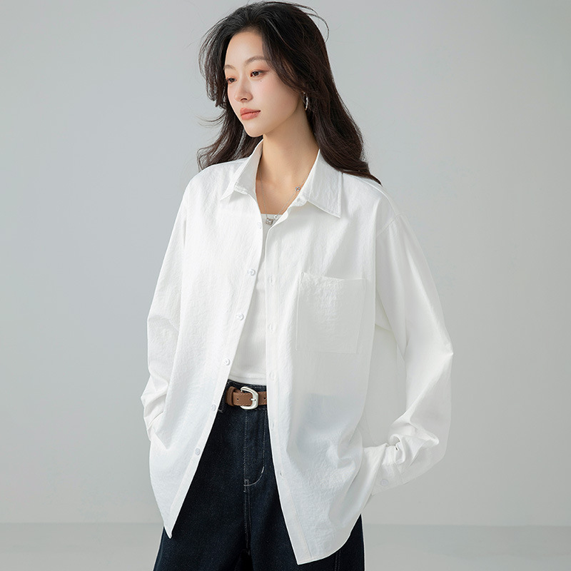 Korean Style Loose Shirt for Women Spring & Fall New Long-Sleeved Pure Color Casual Versatile Work Clothing Polo Collar Shirt Polyester Fiber Korean Style Loose Shirt for Women Spring & Fall New Long-Sleeved Pure Color Casual Versatile Work Clothing Polo Collar Shirt Polyester Fiber