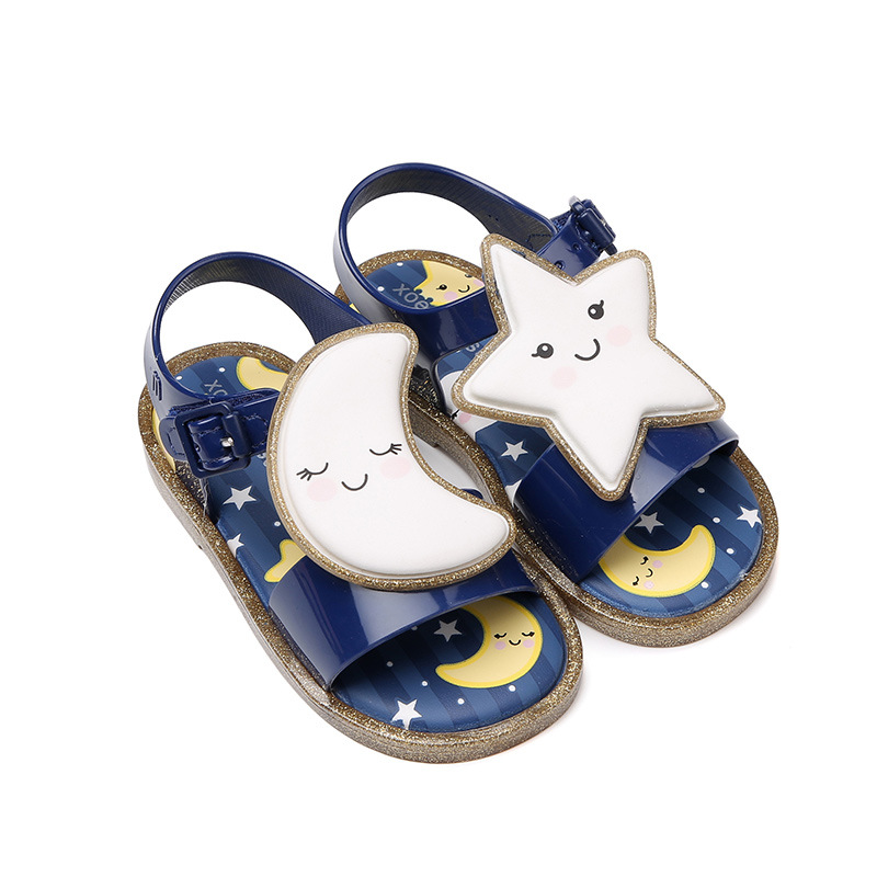 Nuevos zapatos de gelatina para niñas con punta abierta, sandalias para niños de verano, zapatos para bebés para niños pequeños y medianos, estrellas de la luna, luz nocturna, lindo