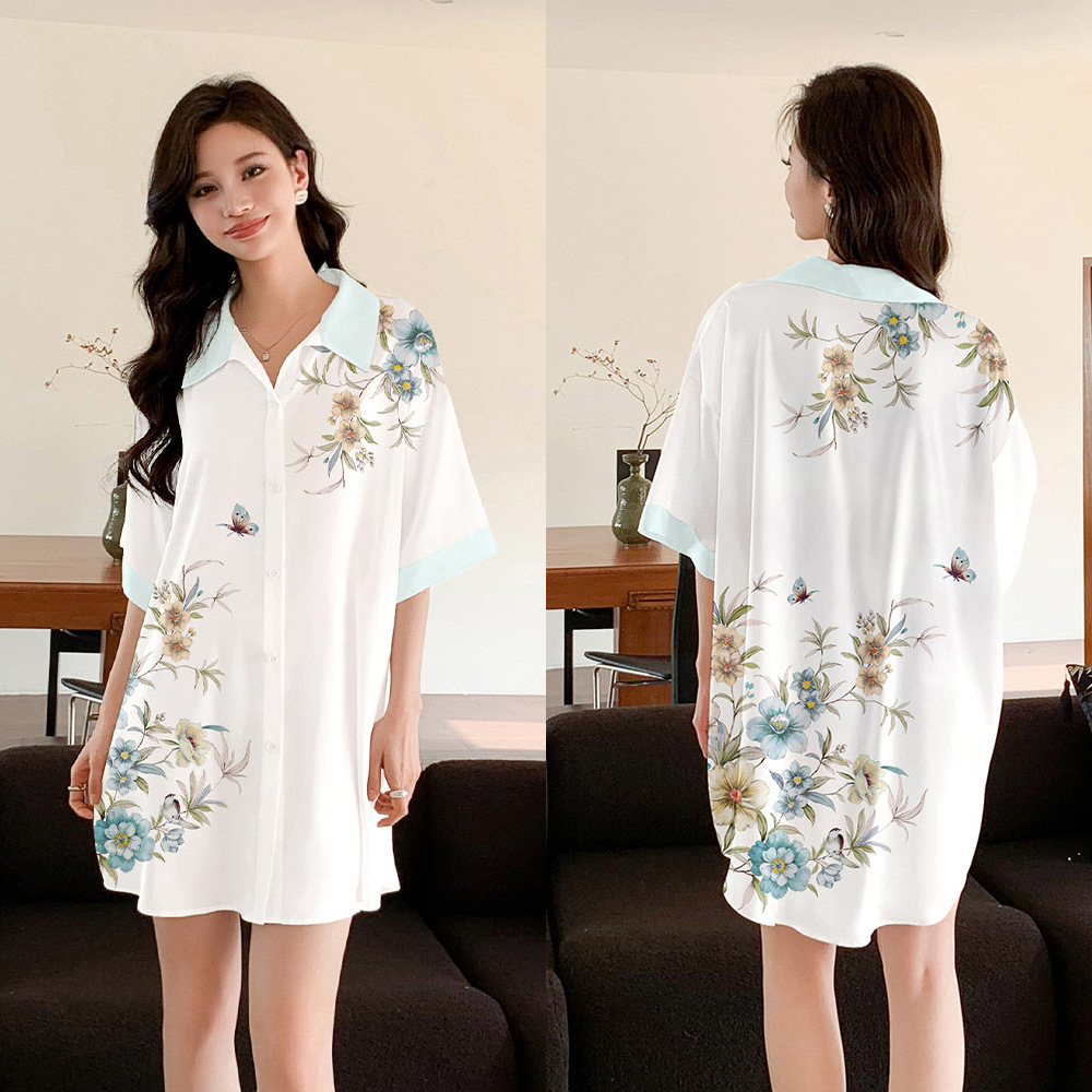 Yaoting nuevo pijama de mujer satin Chiffon Cardigan vestido de pijama de manga corta de seda de hielo vestido vestido de camisa SQ3525 ropa para el hogar