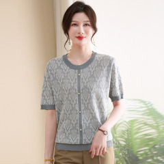 洋風ママ服、夏服、アイスシルクトップス、ゆったりTシャツ、中年女性のおしゃれな薄手ニットセーター、半袖