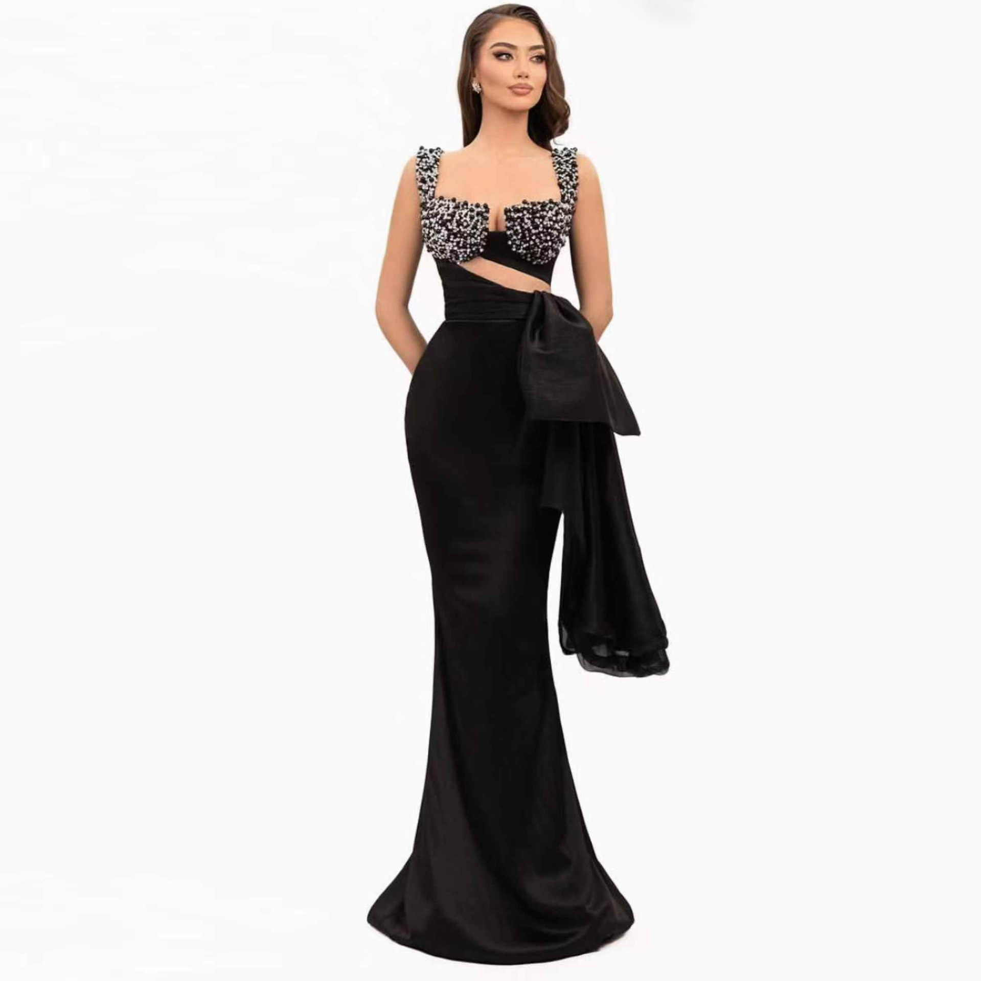 European and American Fashion Slim-Fitting Suspender Sexy New Tube Top Silks and Satins Pleated Fishtail Long Dress Party Evening Dress