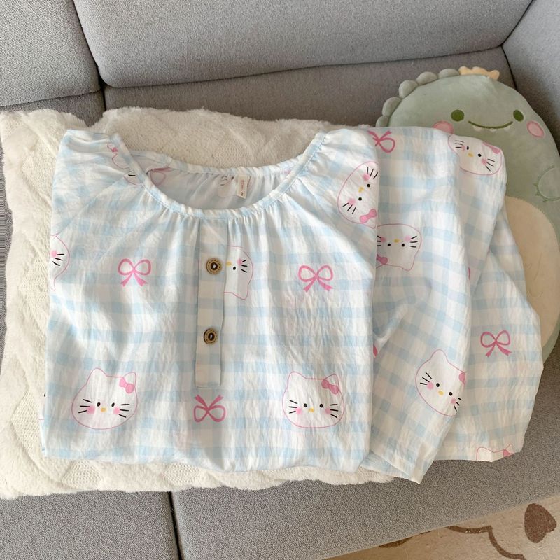 卡通睡衣女款春秋季长袖长裤云朵棉KT猫圆领甜美可爱家居服套装|undefined