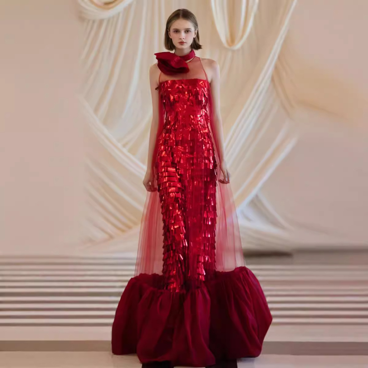 Morning Shooting Dress New Chinese Style Niche Morning Gown wine red Bride Toast Suit Improved Vertical Collar Halter Sequin Evening Dress