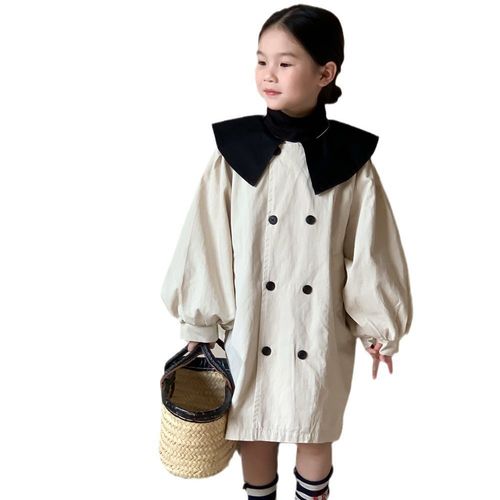 Children's Windbreaker 2024 Spring Girls Korean Style Contrast Color Lapel Windbreaker Children's Mid-Length Double-breasted Puff Sleeve Jacket