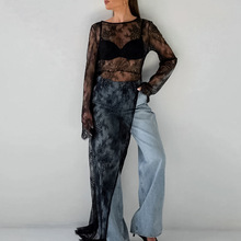 性感黑色透视装锦蕾丝圆领长袖开叉不对称连衣裙夏季欧美百搭长裙