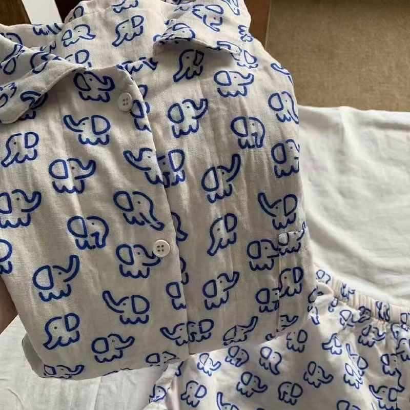 Soft and Cute Lines, Little Elephant Short-Sleeved Pajamas for Women, New Summer Style Loose Cardigan Shorts, Home Clothes Two-Piece Set Soft and Cute Lines, Little Elephant Short-Sleeved Pajamas for Women, New Summer Style Loose Cardigan Shorts, Home Clothes Two-Piece Set