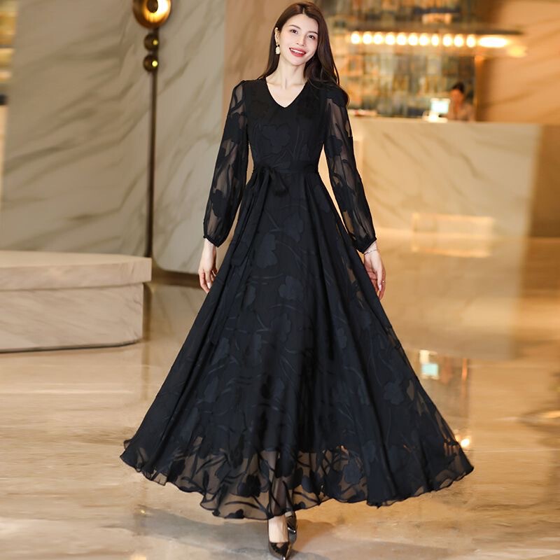 Fashionable High-End Elegant V-Neck Flared Dress for Women, Plus-Size Waist-Cinching Slimming Travel Vacation Age-Reducing Long Dress Fashionable High-End Elegant V-Neck Flared Dress for Women, Plus-Size Waist-Cinching Slimming Travel Vacation Age-Reducing Long Dress