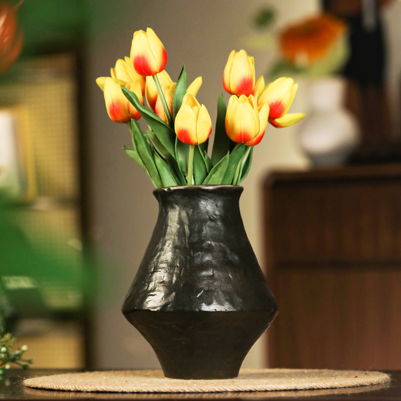 Black Stoneware Jar, New Chinese Style Retro Zen Ceramic Vase Ornaments, Wabi-Sabi Style B&B Tea Room Hotel Ornaments