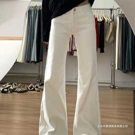 白色加绒微喇牛仔裤女秋冬季潮流百搭低腰修身显瘦设计感拖地长裤