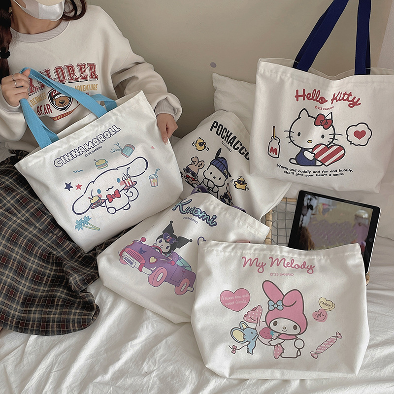 サンリオ ショッピングバッグ キャンバス かわいい クロミ シナモンドッグ メロディー かわいい 大容量 ショルダー ラージバッグ|undefined