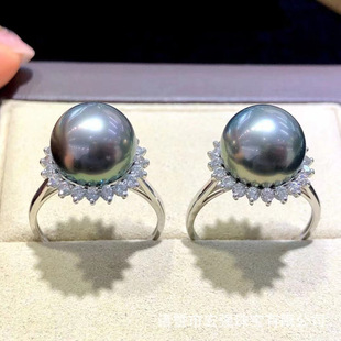Hongqiang Jewelry Seawater Tahiti Black Pearl Ring Pearlescent S925 Silver Sunflower Seawater Pearl Jewelry