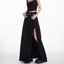 黑色开叉半身裙夏美式高腰显瘦设计感小众a字裙半裙西装裙300203