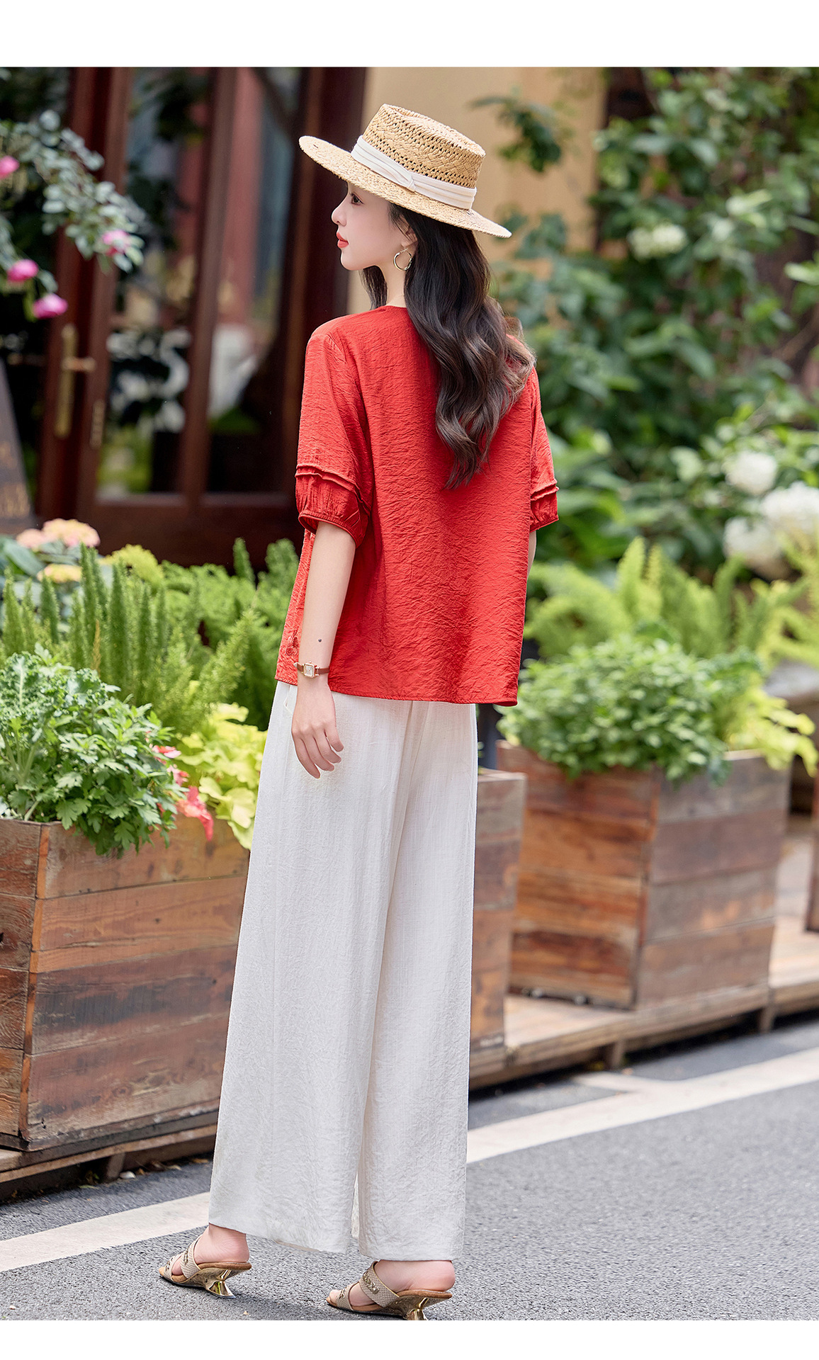 Bộ hai mảnh nữ hè 2026 áo thêu phối quần ống rộng cao cấp MM6652 — Màu hồng, màu đỏ chi tiết 20