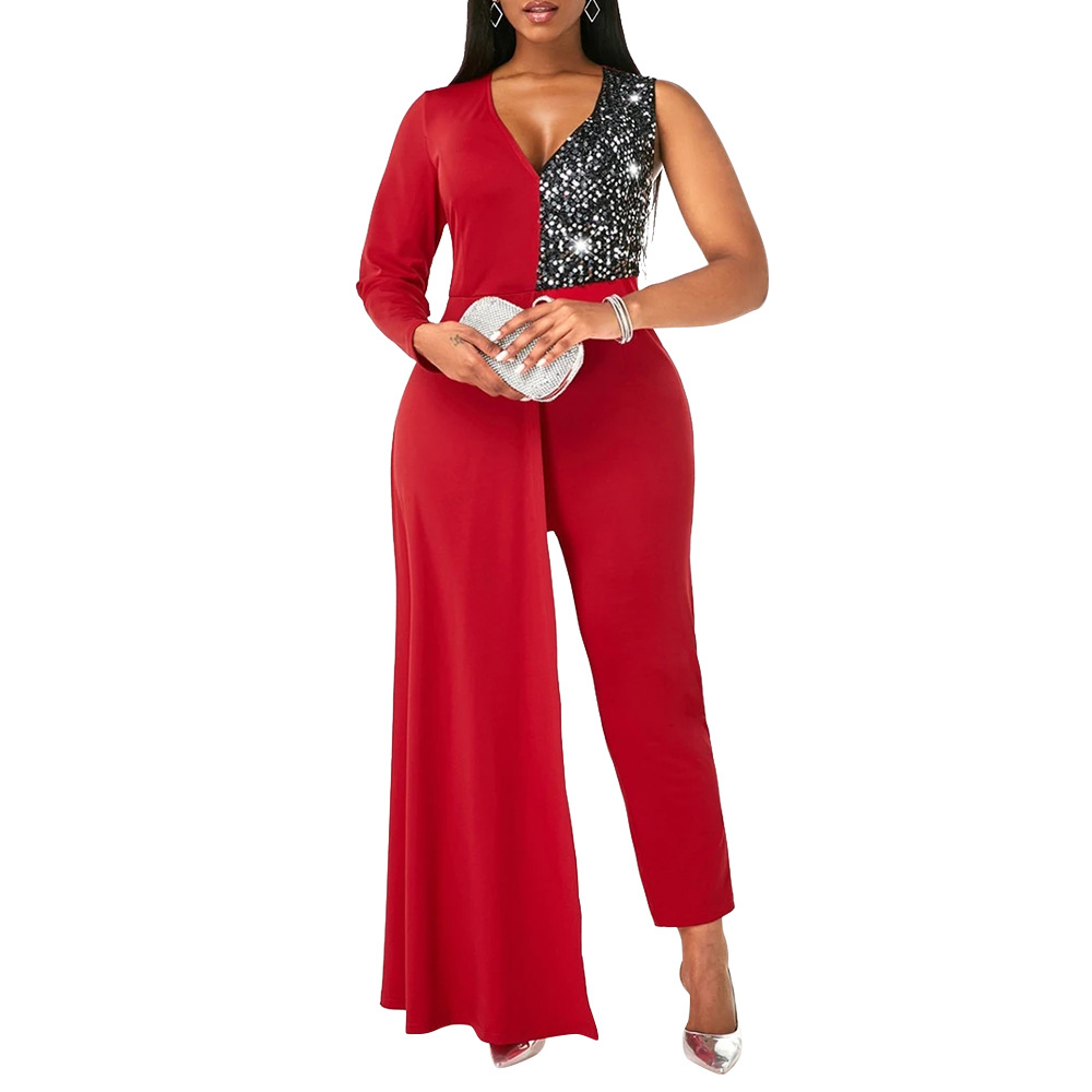 V-neck sequin plus size irregular jumpsuit nihaostyles clothing wholesale NSCYF85322