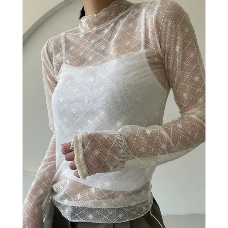 2-Color Autumn and Winter Basic Korean New Style Cuffs with Tassels and Lace Mesh Lace Bottoming Shirt Long-Sleeved T-Shirt