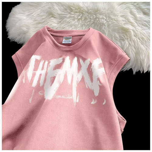 Pink suede-velvet sleeveless T-shirt for men, high-street heavyweight vest top, trendy brand casual vest for couples, sweatshirt-style shirt
