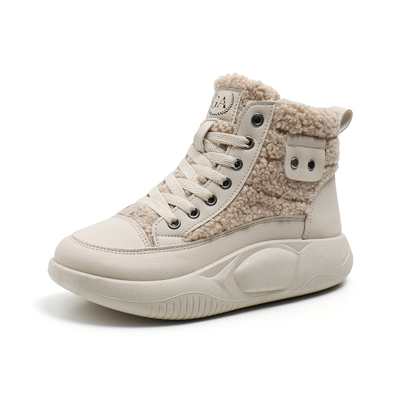 High Top Cotton Shoes for Women 2023 Winter New Plush Versatile Student Lamb Plush Trendy Women's Thick Sole Casual Shoes_voghion.com