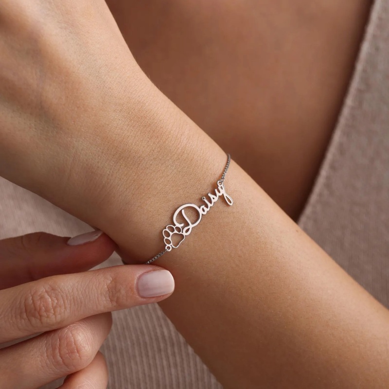 Cross-Border European and American Stainless Steel 24K Gold Bracelet Customized Letter Name Polished Dog Paw Pendant Etsy Popular Bracelet
