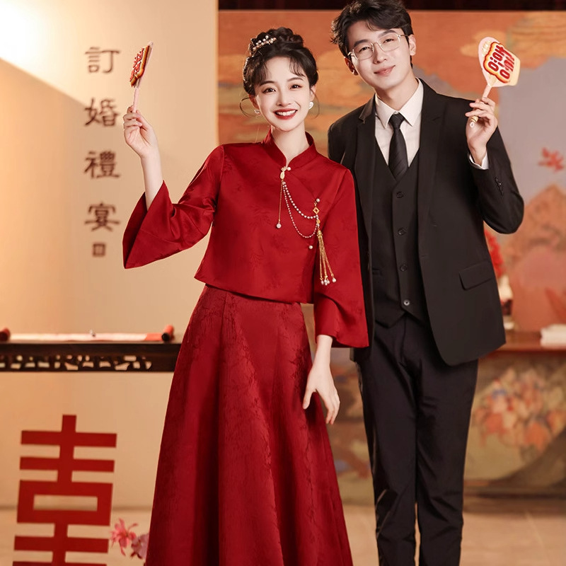 Red Toasting Suit Bride Cheongsam Outfit Wedding Day Outfit New Chinese Engagement Dress Skirt