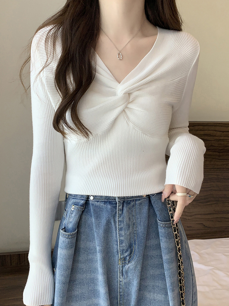 (2개) 플러스 사이즈 통통녀 크로스 V-넥베이스 스웨터 여성 가을 및 겨울 한국 스타일 슬림핏 슬리밍 벨리 커버 긴팔 스웨터 탑