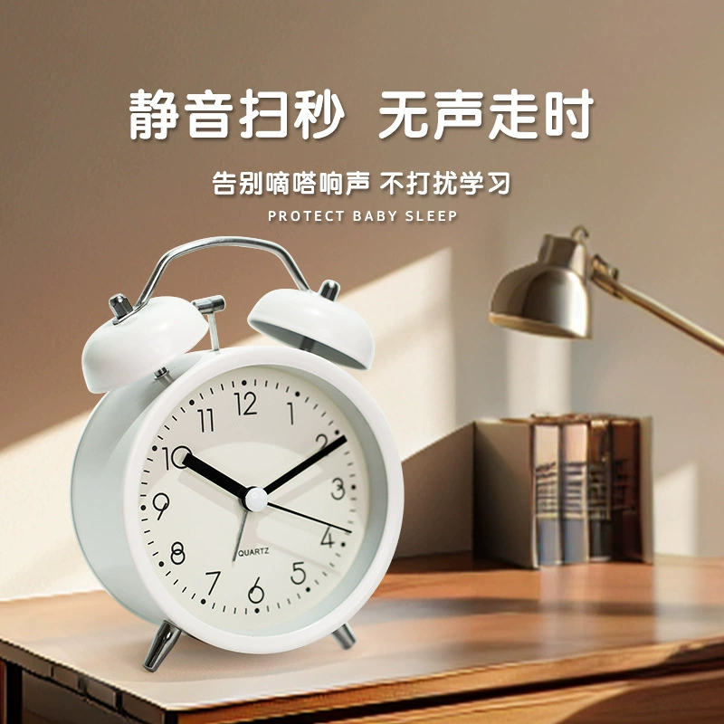 Twin-Bell Metal Alarm Clock, Quiet Powerful Bell, Luminous Night Light, 11×6×15 cm