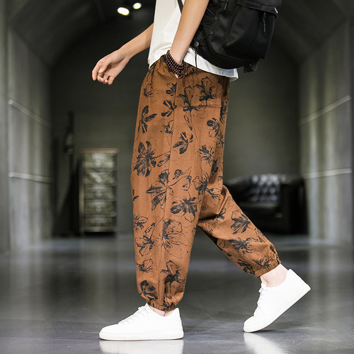 Chinese wind in the summer of cotton and linen slacks thin section  breathable foot haroun pants flax male flower knickerbockers big fork baggy  pants