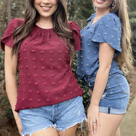 2023 女式衬衫时尚休闲花瓣袖夏季百褶上衣瑞士圆点衬衫 _ 服装