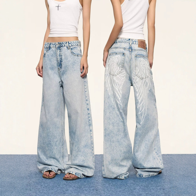 Cross-border street style European and American angel wings print washed jeans for women, Y2K vintage washed loose fit versatile straight-leg jeans Cross-border street style European and American angel wings print washed jeans for women, Y2K vintage washed loose fit versatile straight-leg jeans