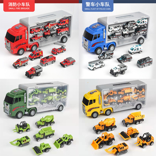 Cross-border children's portable storage container alloy car toy boy simulation fire police engineering vehicle wholesale