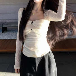 美式蝴蝶结红色爱心长袖t恤女早春新款方领辣妹打底衫内搭小上衣