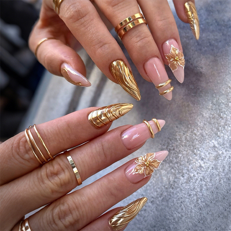 High quality nail stickers, three dimensional golden fake nails for nails, European style, flowered, 24 pieces