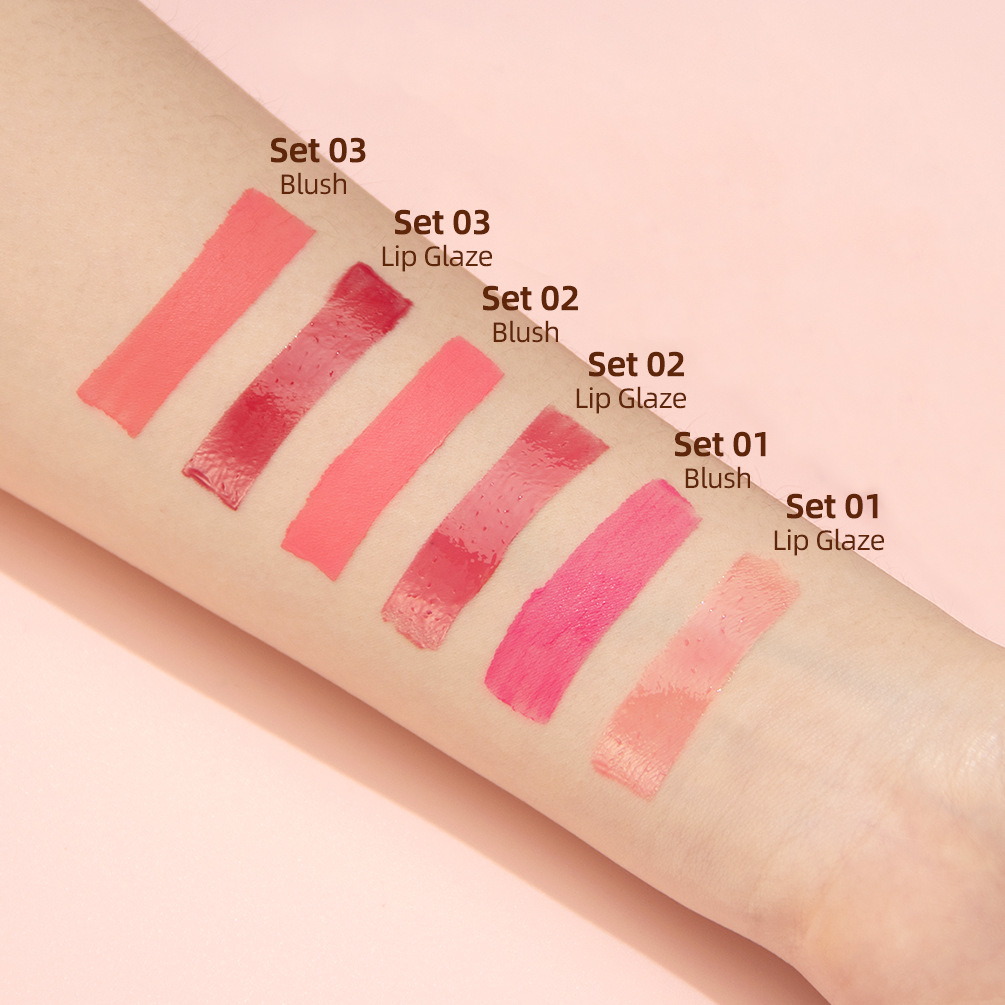 Carina QIBEST Mirror Glaze Stain Free Cup Colorfast Moisturizing Lip Color Ilgnoturīga, viegli krāsojama šķidrā pūdera vaigu sārtuma komplekts_voghion.com