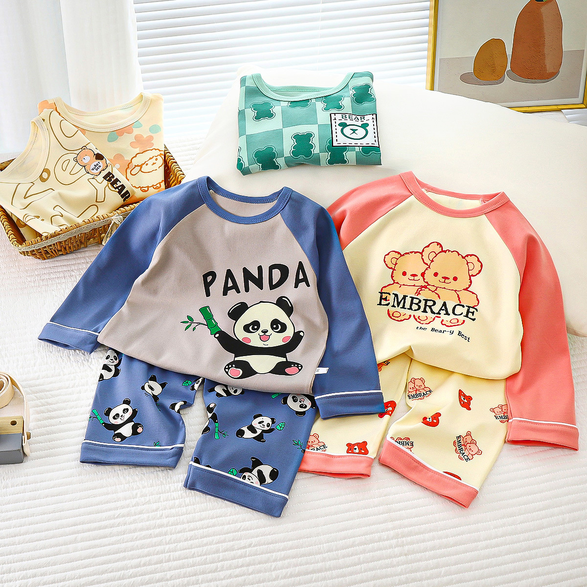 Pijamas para niños Clase A Traje de otoño de algodón Nuevo estilo Ropa de otoño de algodón para bebés Pantalones largos Ropa para el hogar para niños Ropa para niños para niñas