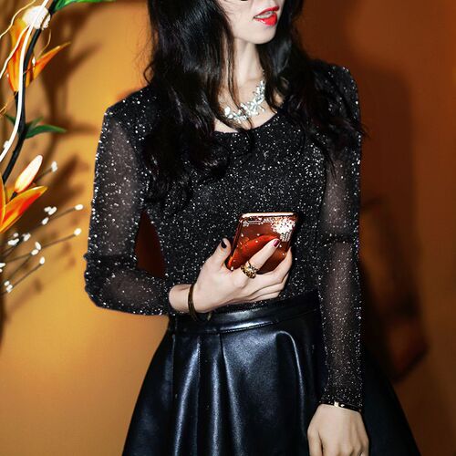 Spring and autumn round neck Korean lace base shirt women's shirt long-sleeved all-match figure-fitting mesh top small shirt