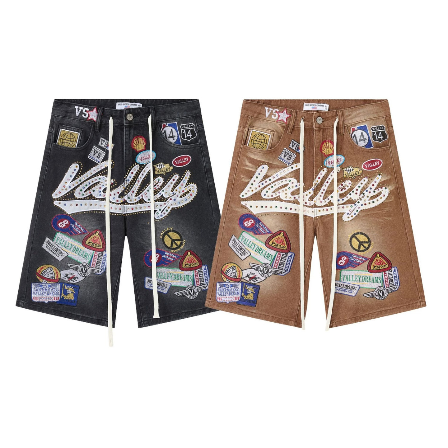 Vale Forever 1980s JORTS new logo embroidered denim shorts with rhinestone hot-fix design.
